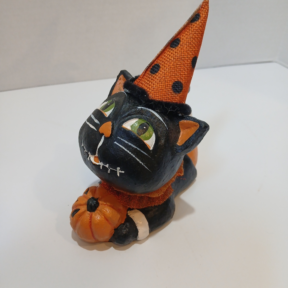Halloween Black Cat Figurine with Orange Hat